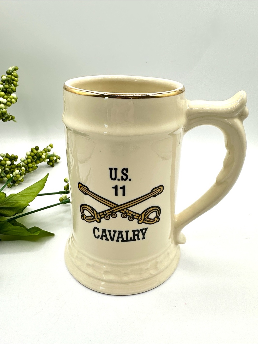 U.S. 11th Cavalry Ceramic Stein or Mug - Cream with Black Horse. Made in USA